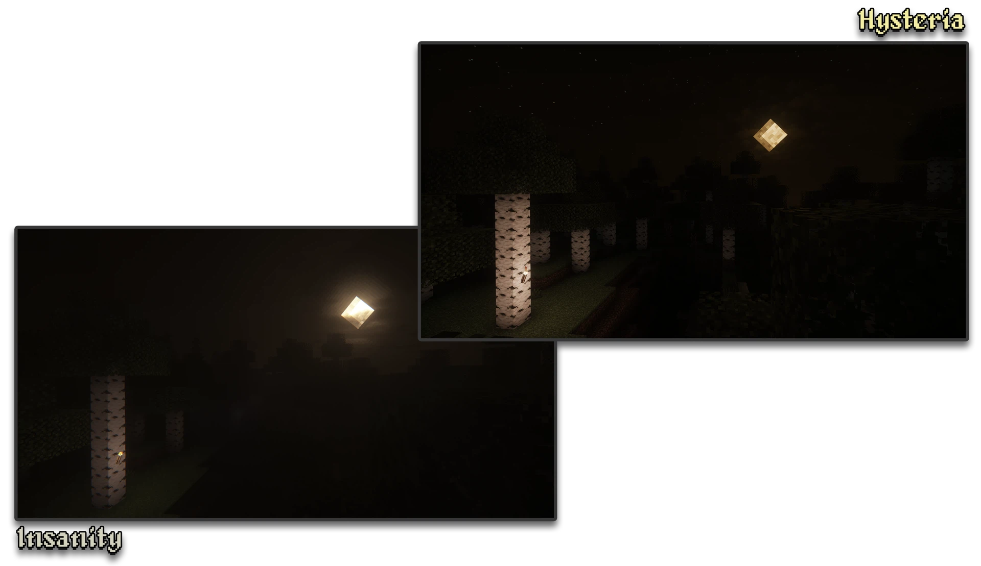 Comparison of Insanity Shader vs Hysteria Shaders at nighttime