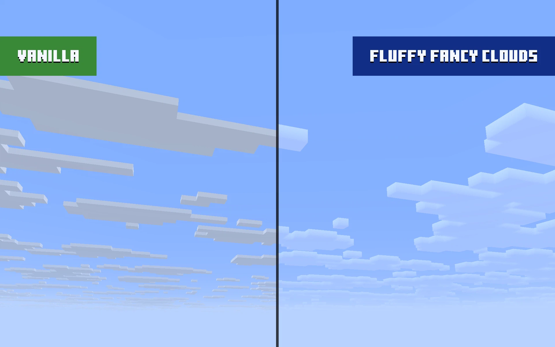 A comparison between Vanilla clouds on the left, and Fluffy Fancy Clouds on the right