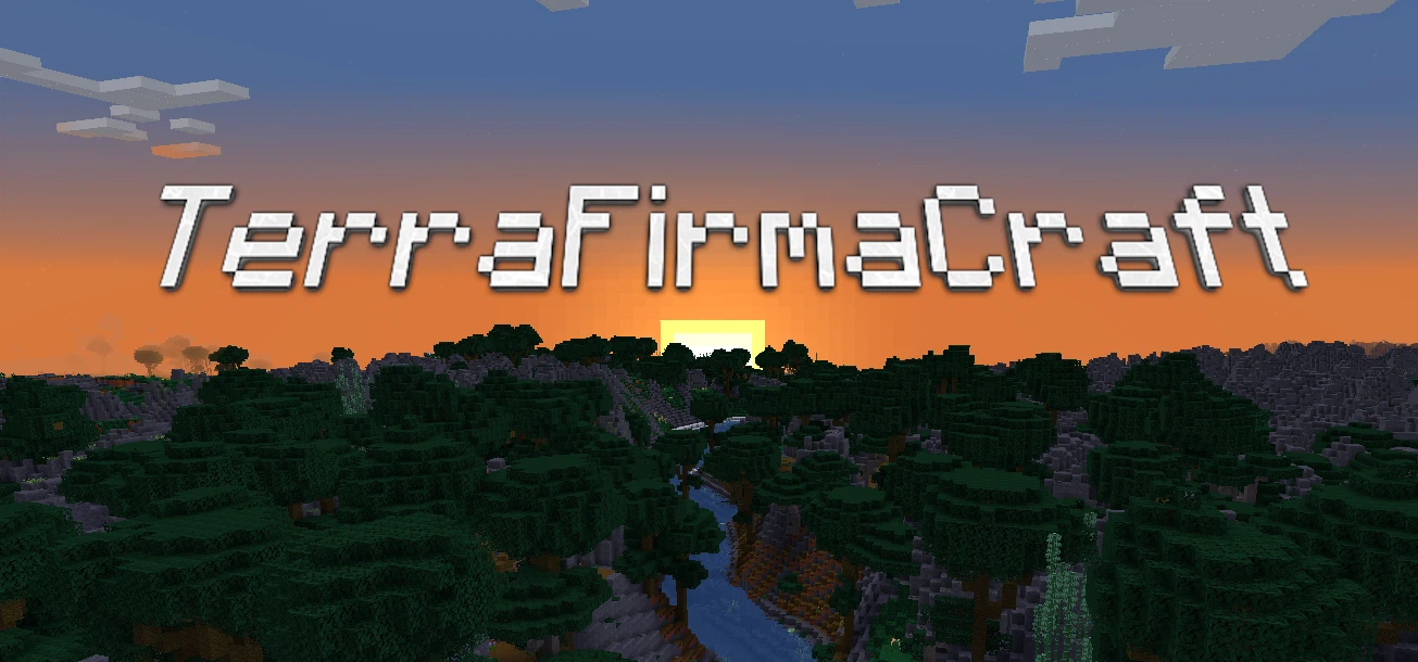 A screenshot of TFC with a canyon overlooking a river. The sun is setting in the background. Tall oak and other dedicious trees are scattered on the lower areas of the valley.
