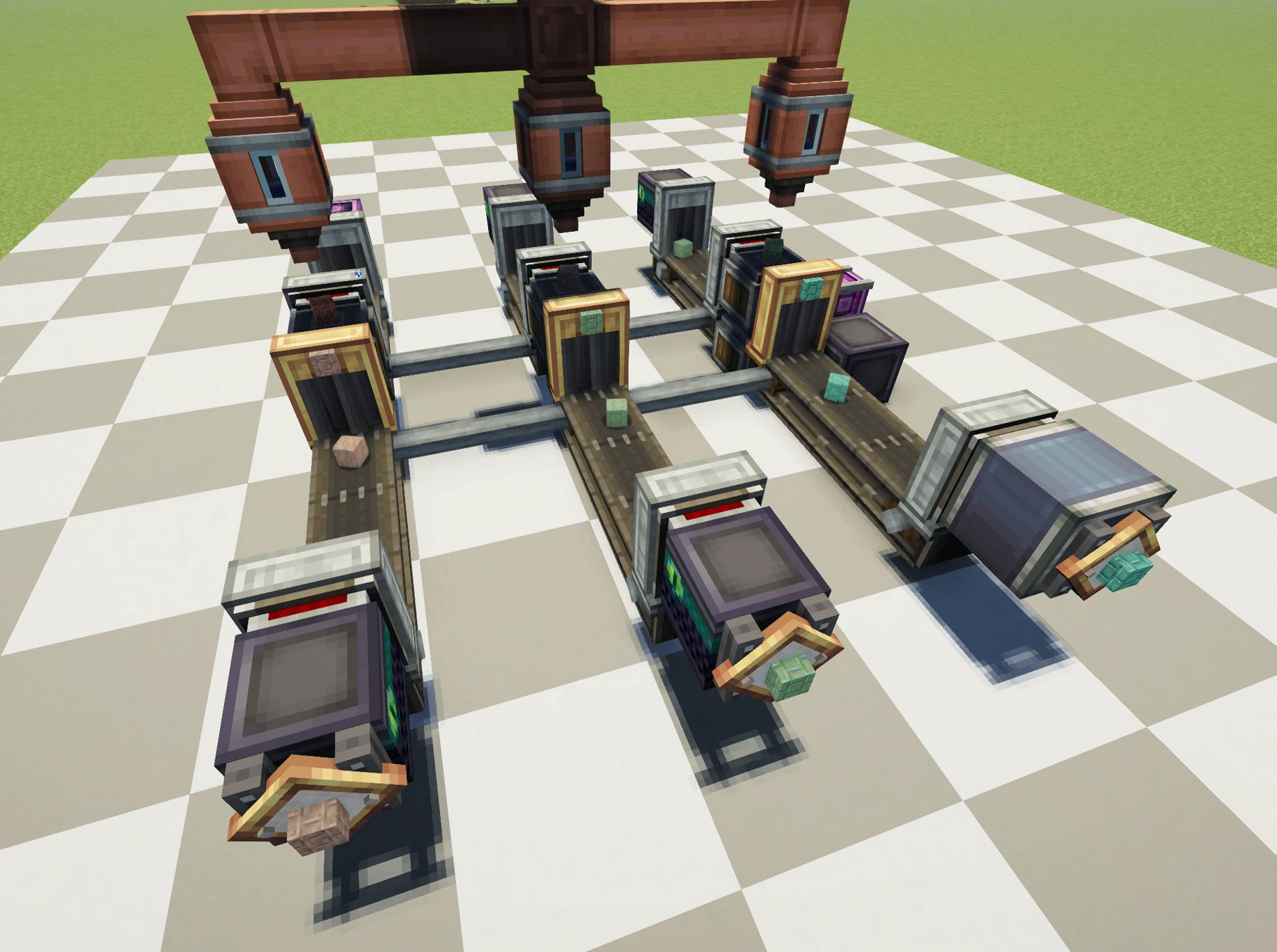 Copper block oxidation plant, with conveyor belts, pipes, vaults, filters, funnels