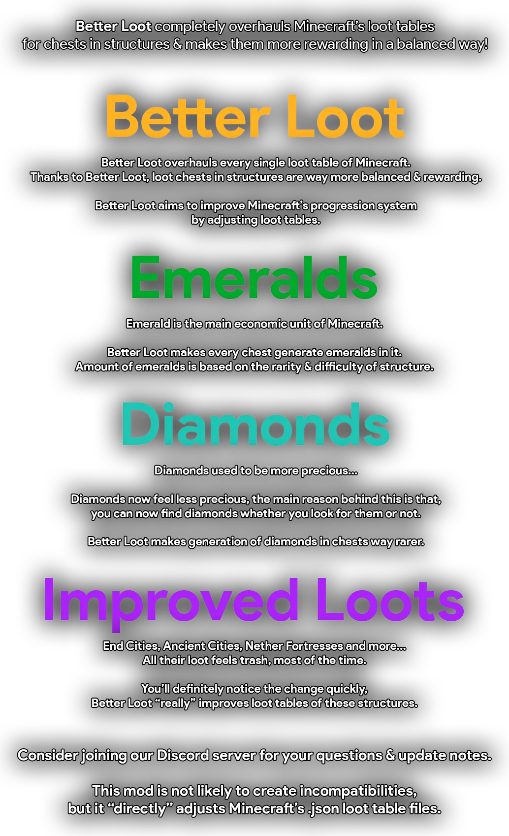Better Loot completely overhauls Vanilla loot tables and makes them more rewarding. It'll add more items into Vanilla's loot tables since lots of structures need it, such as Ancient Cities, End Cities and Nether Fortresses. Better Loot also makes