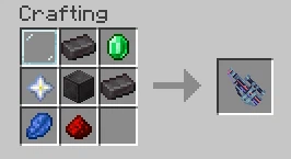 The crafting recipe of the orbital railgun. In the top left corner is a glass pane, in the top middle is a netherite ingot, in the top right is an emerald. In the middle left is a nether star, in the middle is a netherite block and in the middle right is a netherite ingot. In the bottom left is lapis lazuli and in the bottom middle is redstone dust.