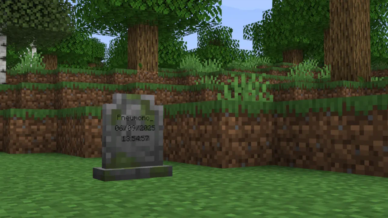 A screenshot of a gravestone with large cracks and growths of moss. Written on the gravestone is the name Pneumono_, and the date and time of death.