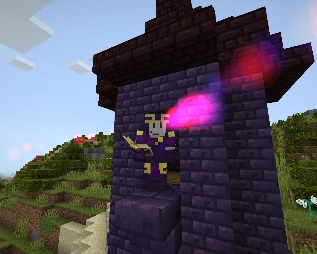 A player is casting Ars Nouveau magic ontop of a mage tower