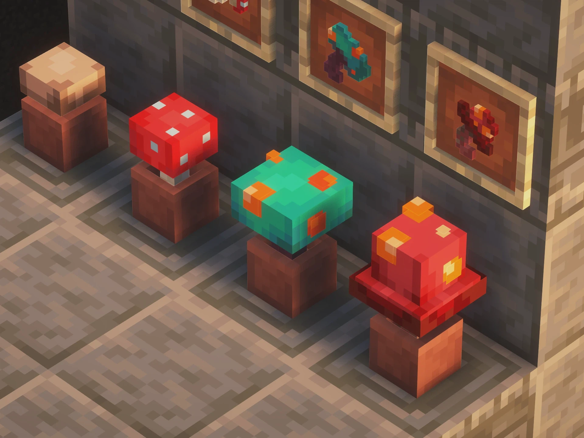 A screenshot from the game Minecraft. Overlooking a row of four flower pots placed on top of smooth tuff blocks. From left to right, in each pot is a brown mushroom, a red mushrrom, a warped fungus, and a crimson fungus respectively.