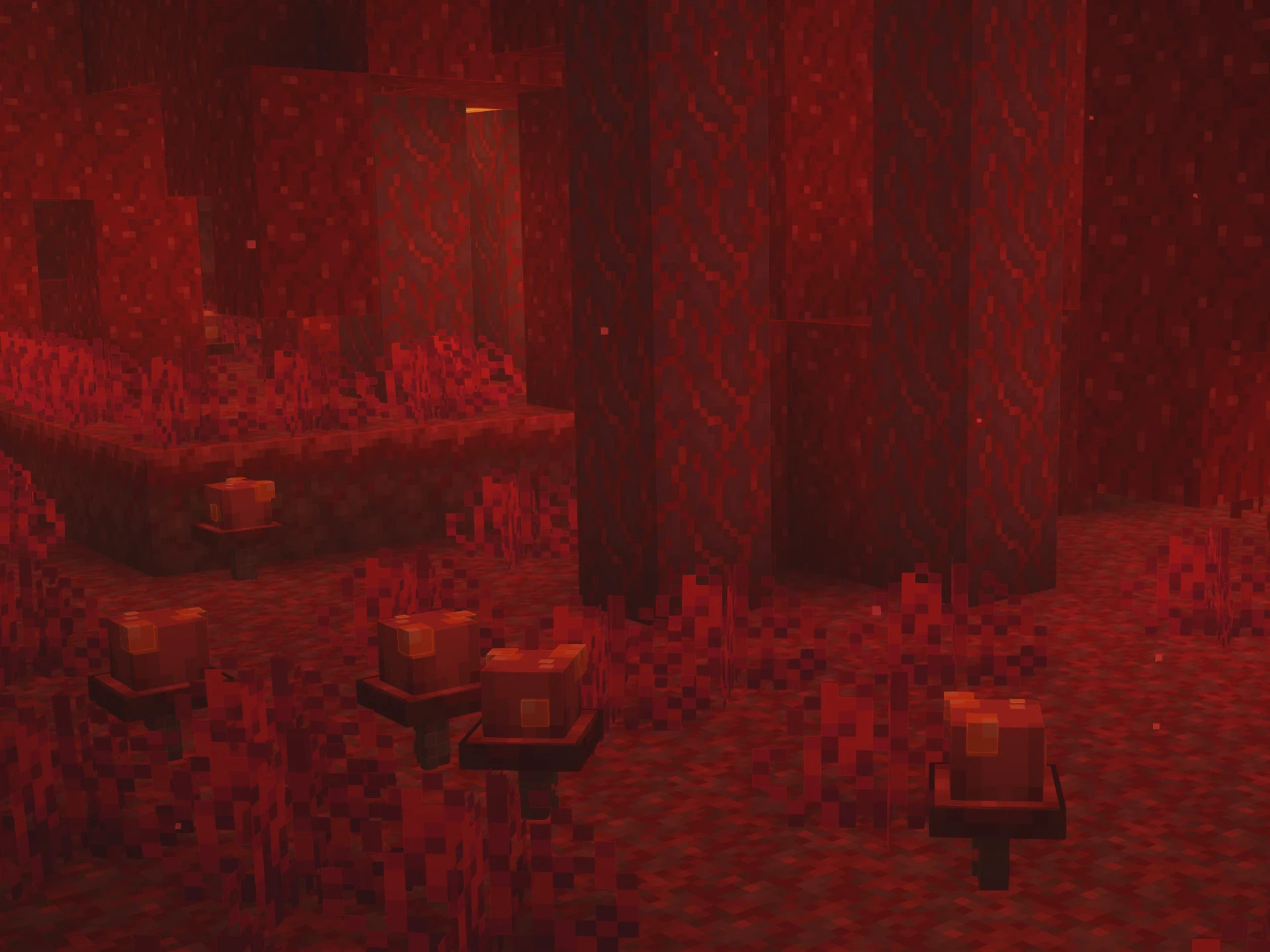 A screenshot of the game Minecraft. Taken within the Nether dimension, in a Crimson Forest biome. Dotted about the scene are five crimson mushrooms.
