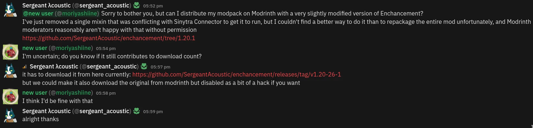 Discord conversation between SergeantAcoustic and MoriyaShiine proving he allows the use of Enchancement in this pack.
