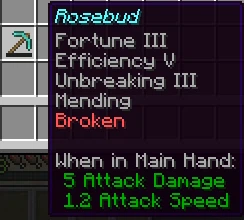 A diamond pickaxe named Rosebud which happens to be broken.